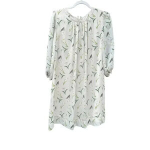Eva Mendes Ivory & Green Leaf Floral 3/4 Sleeve Chiffon Shift Dress Size S